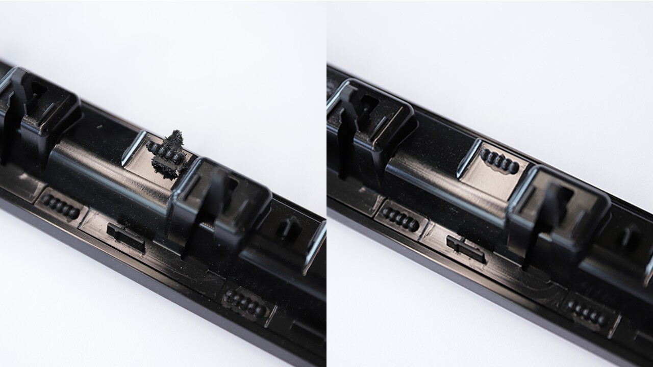 Links geschweisst auf einer pneumatischen Maschine (Materialaustritt), rechts auf einer elektrischen Maschine mit optisch überzeugendem Schweissresultat