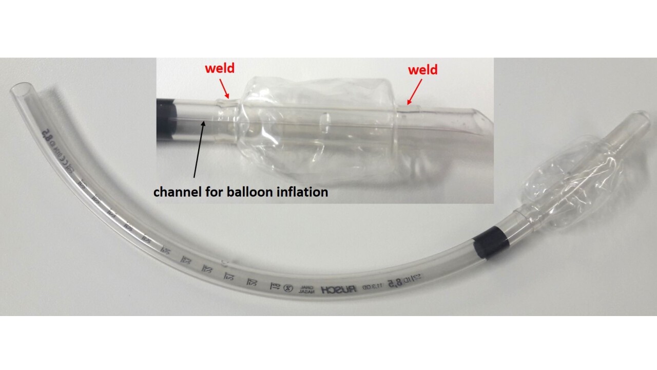 Beispiel eines Ballonkatheters aus weich PVC zum künstlichen Beatmen geschweisst mit langen Wellenlängen 