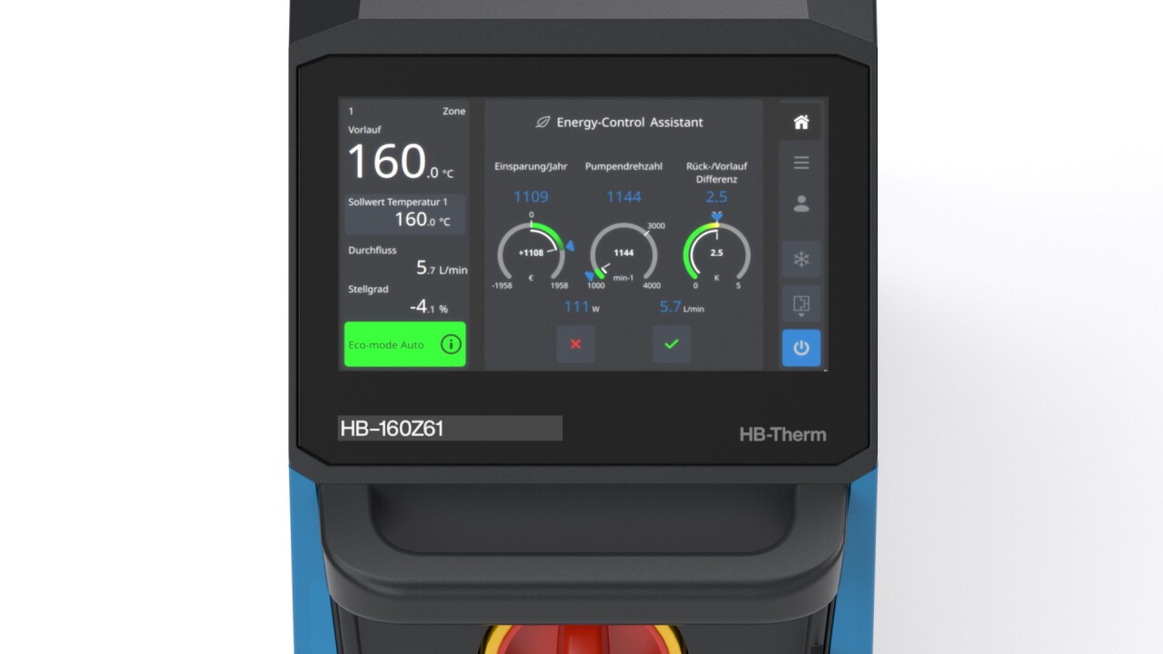 Energieeffizienzanzeige auf dem 7 Zoll IPS Touchscreen des Thermo-6 Temperiergeräts.