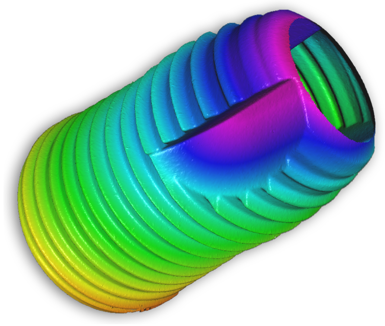 Ein 3D-gerendertes, regenbogenfarbenes Modell eines zylindrischen Zahnimplantats mit Gewinde auf weißem Hintergrund. Die Farben zeigen unterschiedliche Oberflächenhöhen oder -maße an.