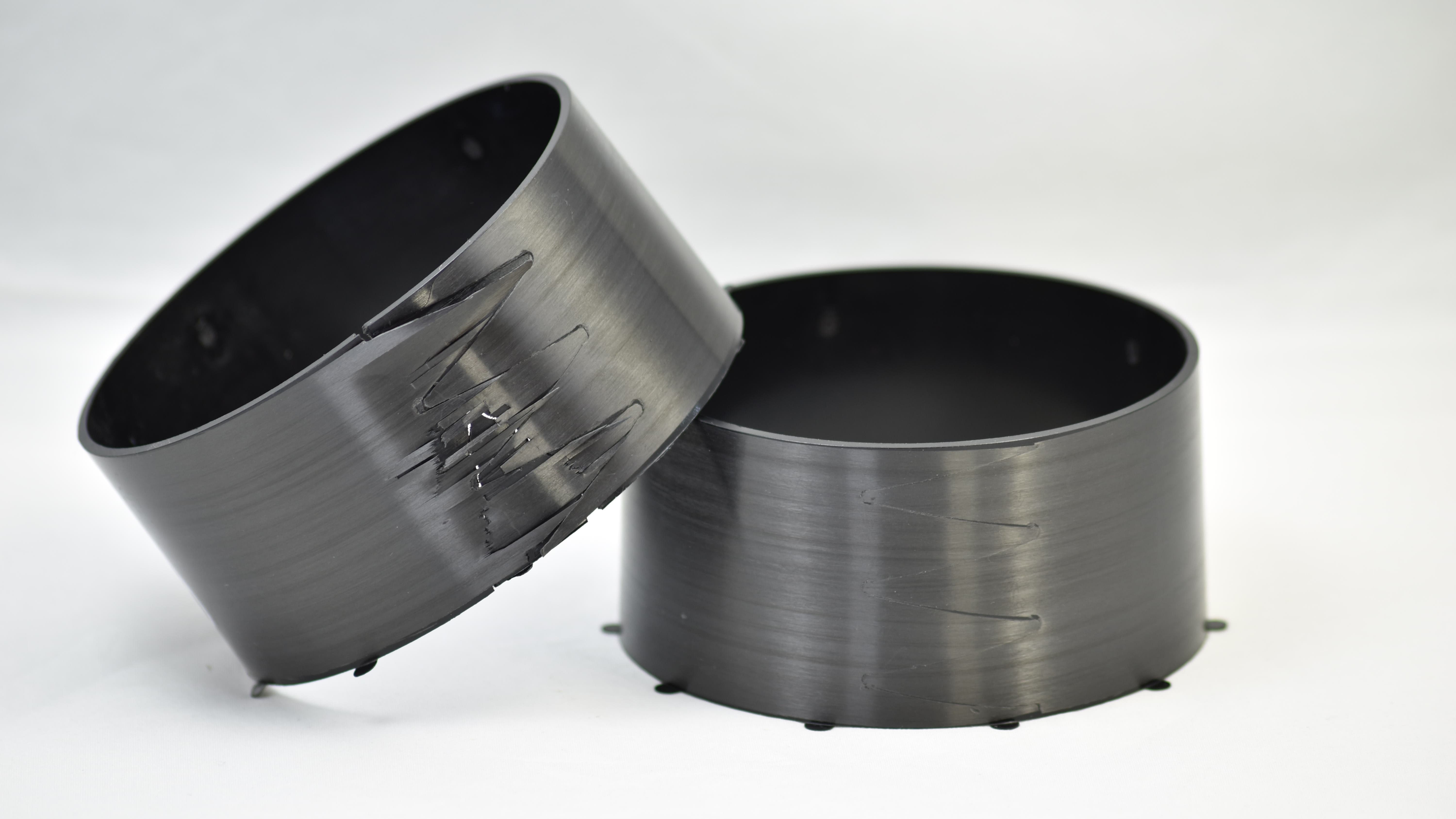 Thermoplastic component with unidirectional endless fibre reinforcement (left after test)