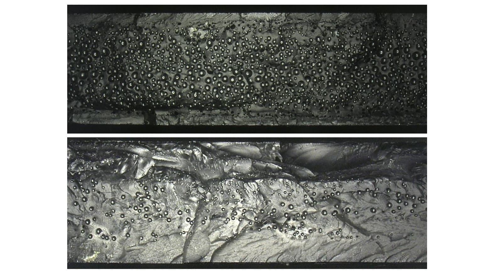 Foam structure at the to: 6% blowing agent and 31% weight reduction, at the bottom: 3% and 8%